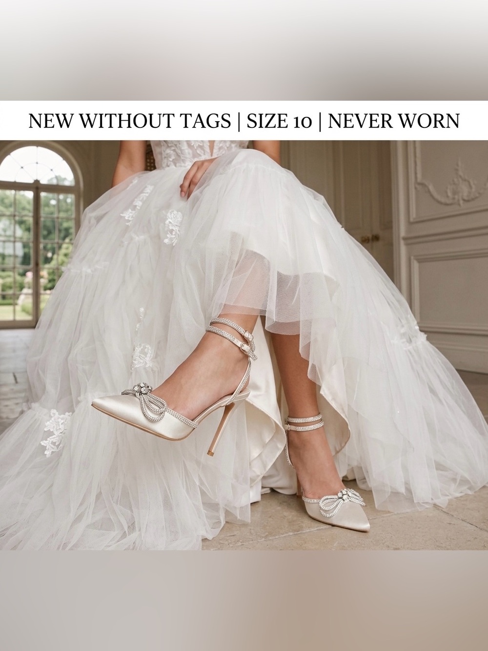 Lulus Lullie Ivory Satin Rhinestone Bow Pointed-Toe Pumps Heels Size 10